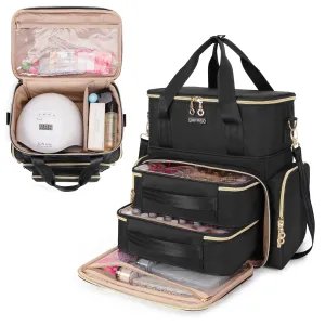 BAFASO Double Layer Nail Polish Organizer Holds 70 Bottles (15ml - 0.5 fl.oz) and a Nail Dryer, Nail Polish Case with 2 Removable Pouches and Tools Storage Sections (Patented), Black