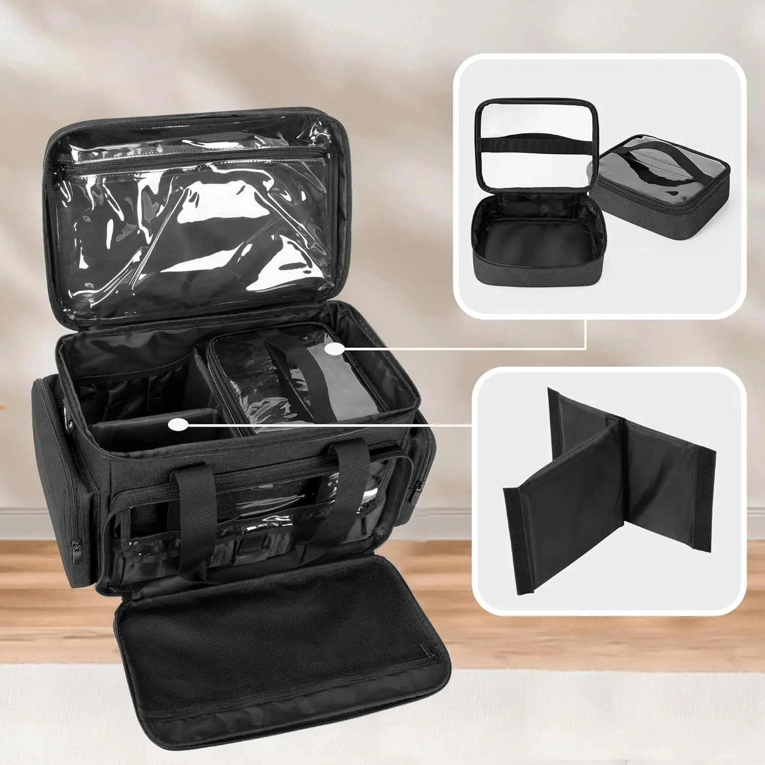 BAFASO Large Makeup Bag with 2 Removable Pouches and Detachable Dividers, Multifunctional Cosmetic Bag to Keep Makeup and Hair Supplies (Patent Pending), Black