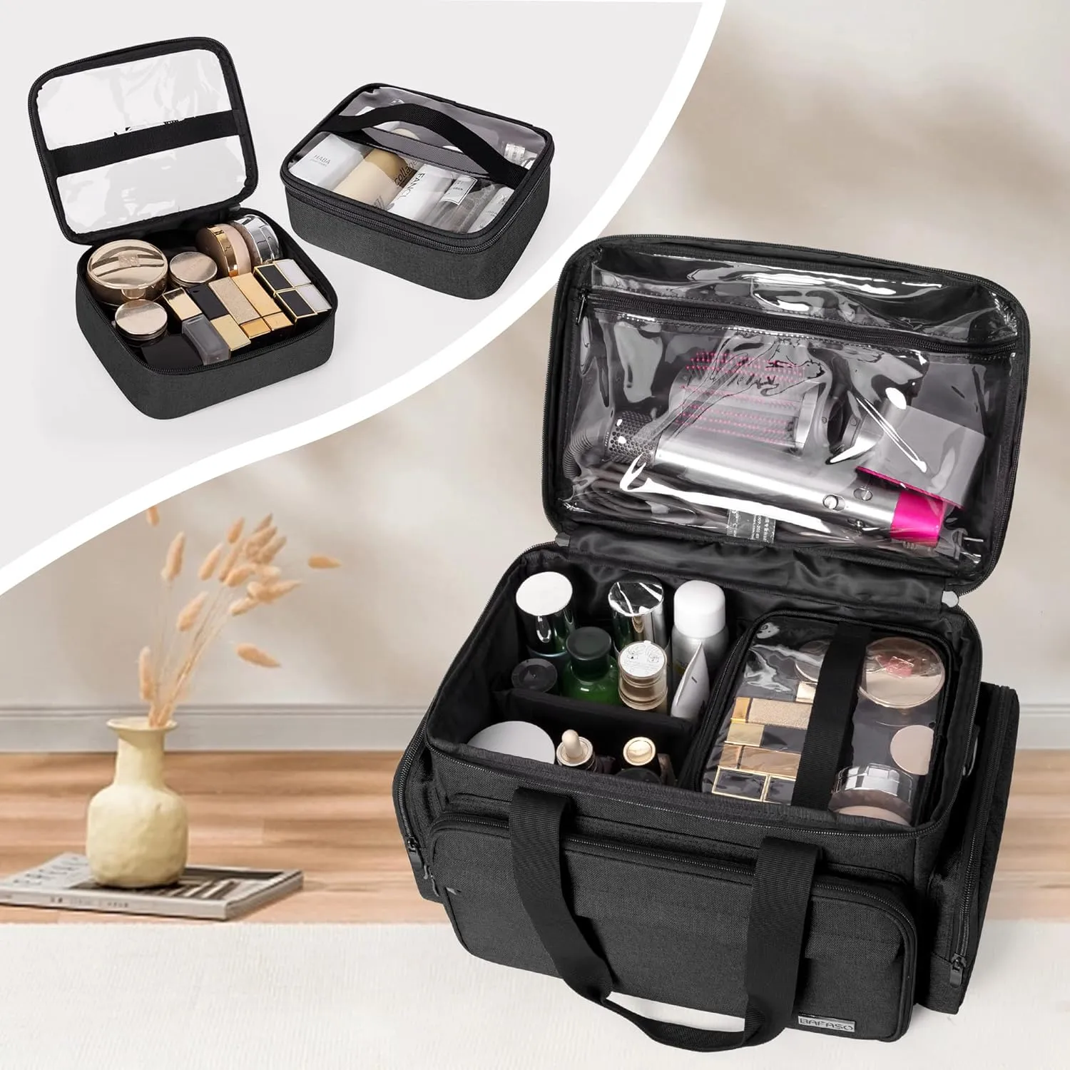 BAFASO Large Makeup Bag with 2 Removable Pouches and Detachable Dividers, Multifunctional Cosmetic Bag to Keep Makeup and Hair Supplies (Patent Pending), Black