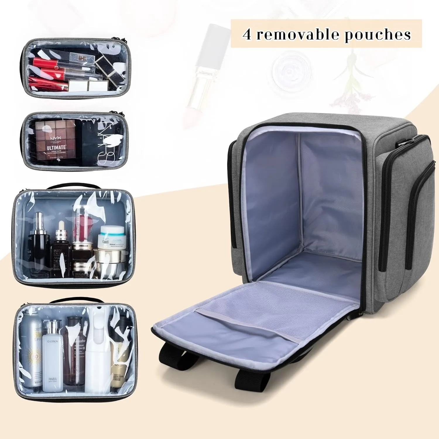 BAFASO Travel Makeup Bag with 4 Inner Removable Pouches, Multifunctional Hair Bag Cosmetic Bag Holds Makup/Hair Supplies (Patent Pending), Gray