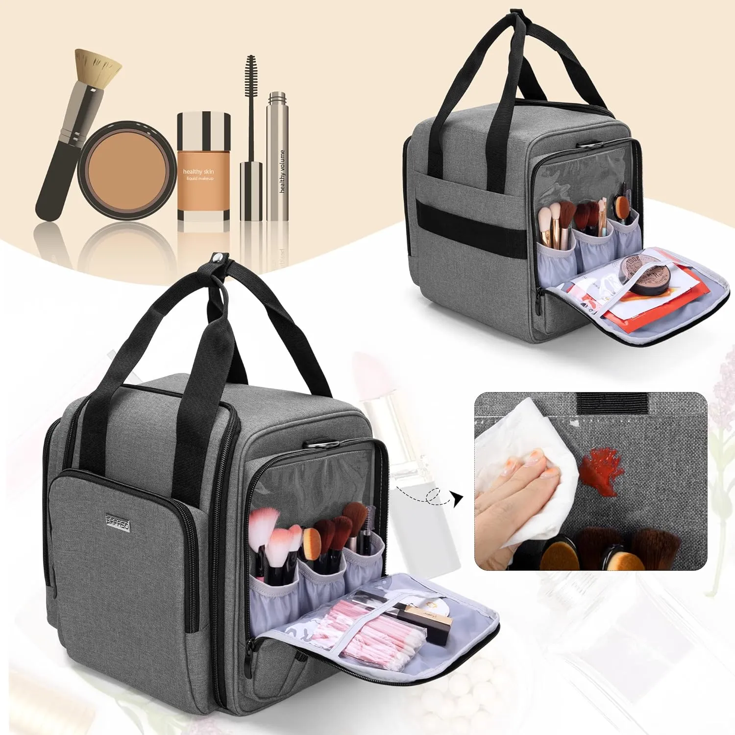 BAFASO Travel Makeup Bag with 4 Inner Removable Pouches, Multifunctional Hair Bag Cosmetic Bag Holds Makup/Hair Supplies (Patent Pending), Gray
