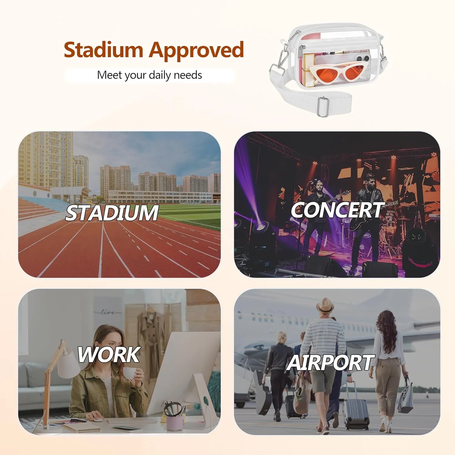 Bagenius Clear Bag for Stadium Events Clear Purse with Removable Strap Transparent Bag for Concert and Sport Events