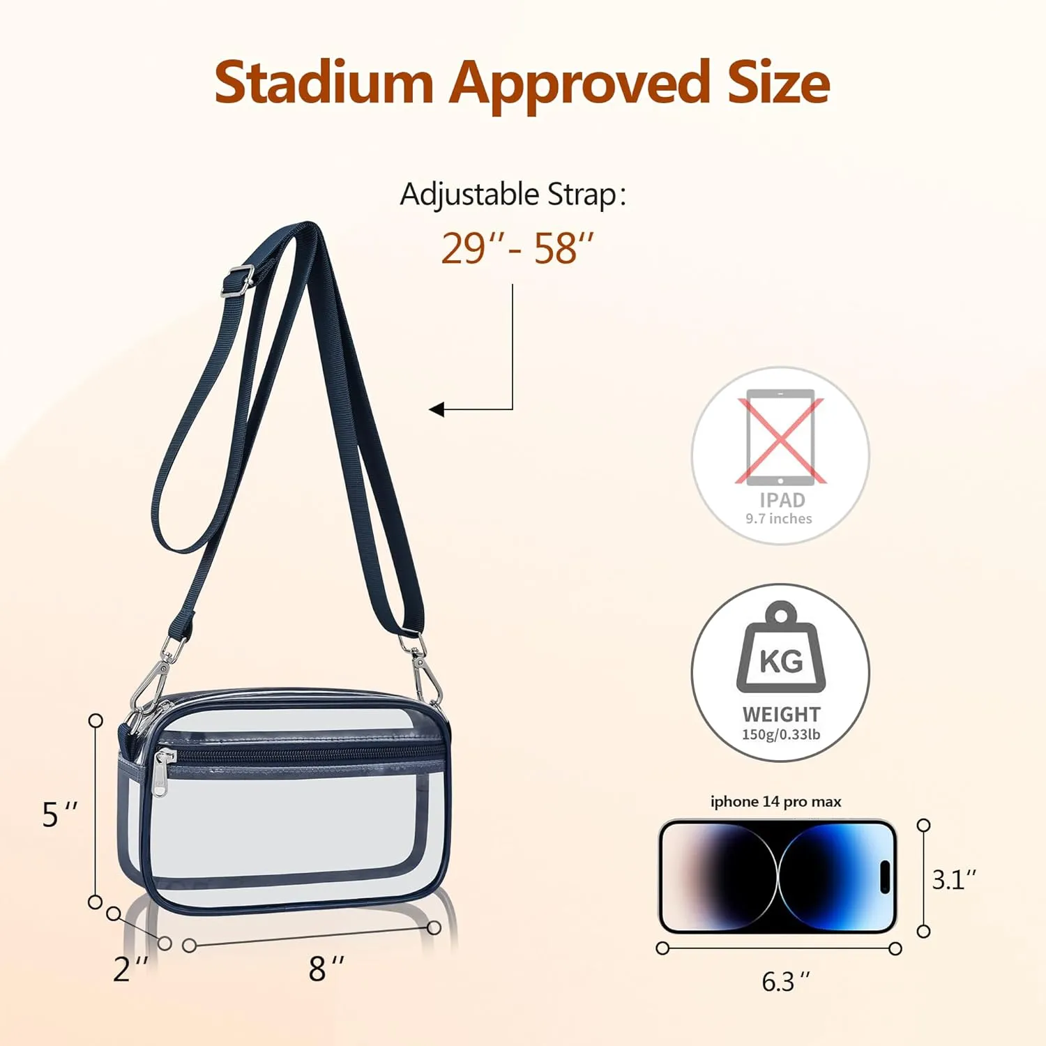 Bagenius Clear Bag for Stadium Events Clear Purse with Removable Strap Transparent Bag for Concert and Sport Events