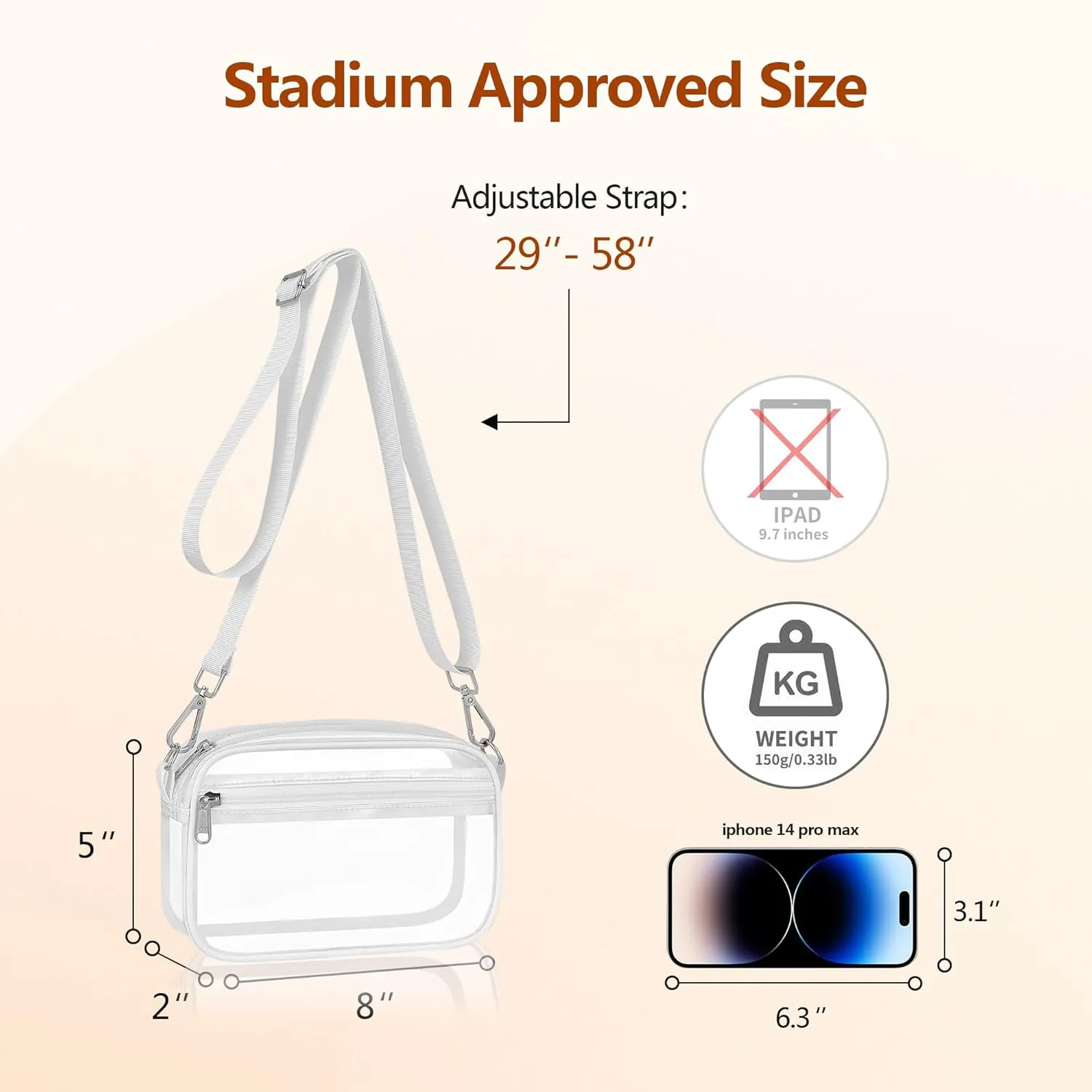Bagenius Clear Bag for Stadium Events Clear Purse with Removable Strap Transparent Bag for Concert and Sport Events