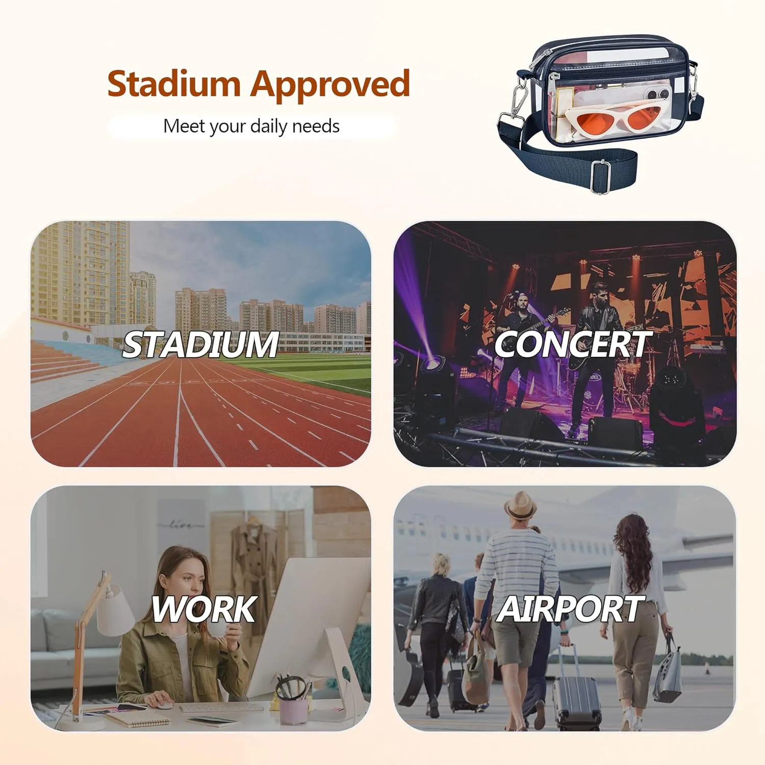 Bagenius Clear Bag for Stadium Events Clear Purse with Removable Strap Transparent Bag for Concert and Sport Events