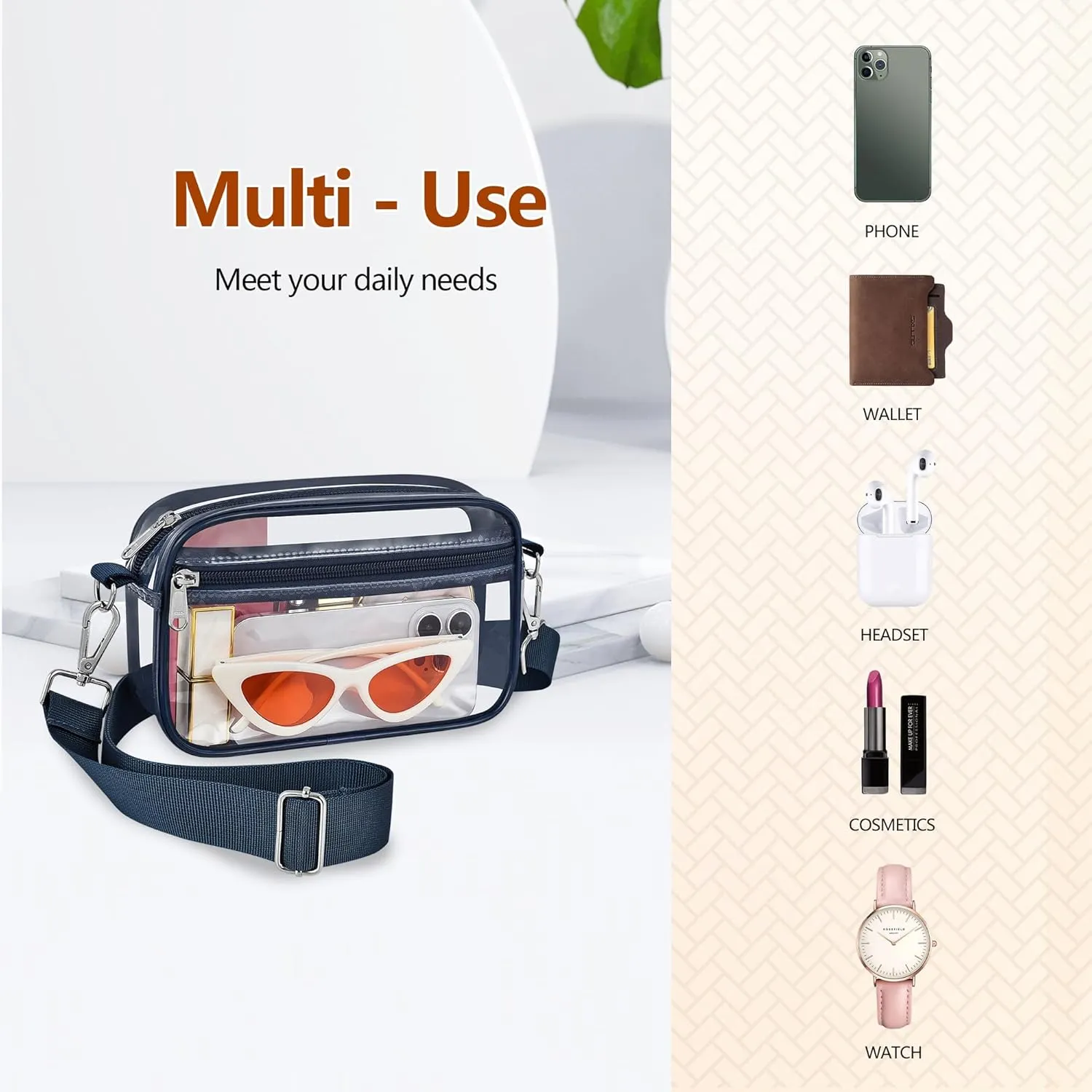 Bagenius Clear Bag for Stadium Events Clear Purse with Removable Strap Transparent Bag for Concert and Sport Events