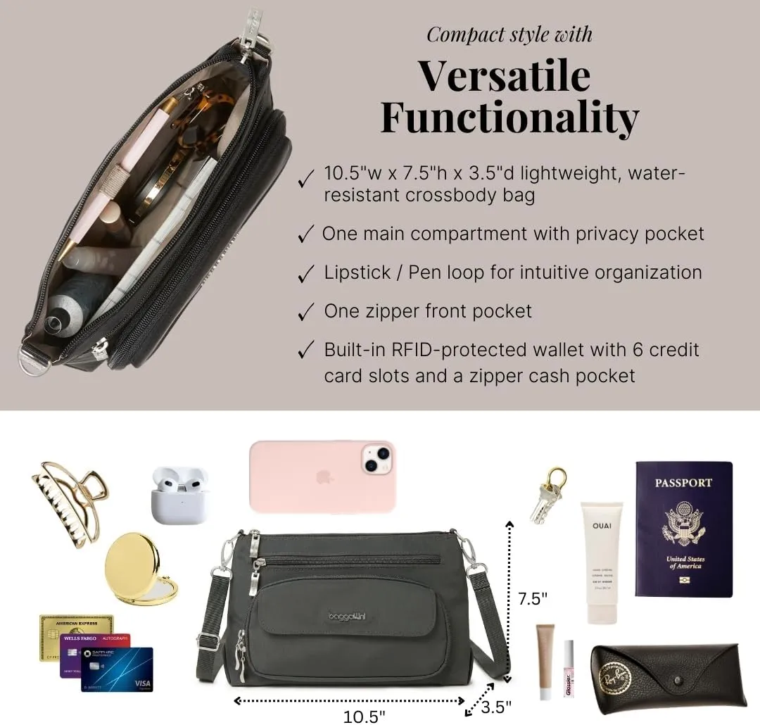 Baggallini Original Everyday 11x 7.5 Crossbody Bags for Women RFID Protected Lightweight Nylon Zippered Travel Purse