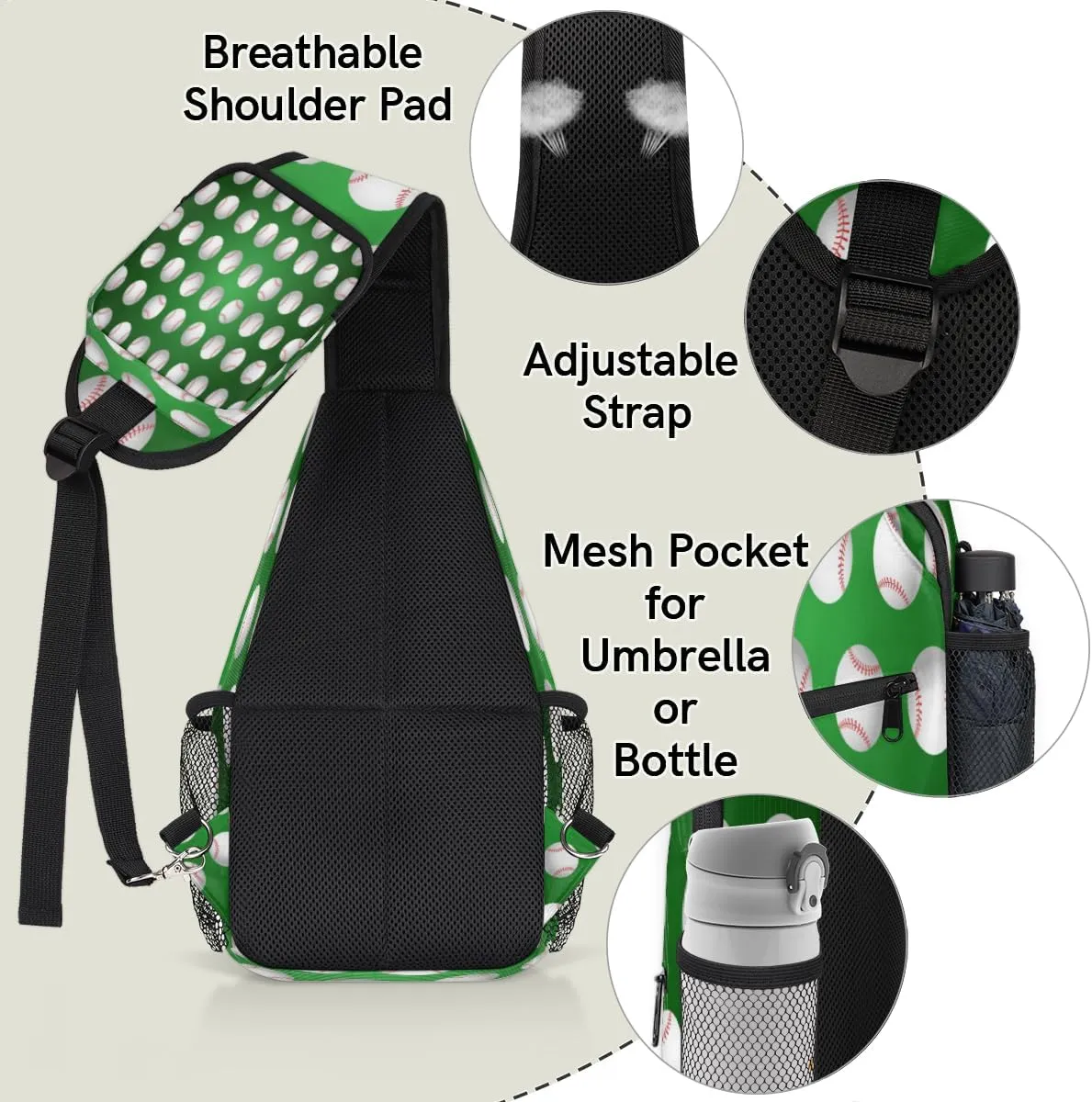 Baseball Balls Sports Games Sling Bag for Women Men Crossbody Sling Backpack Shoulder Bag Chest Bag Daypack for Travel Hiking Outdoor