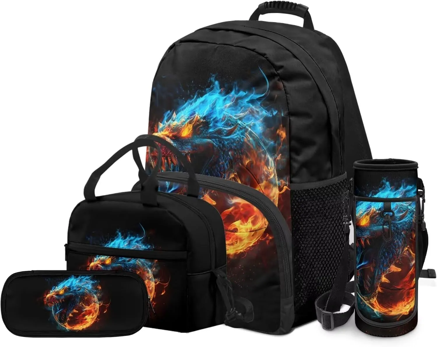 Basketball Flame Backpack for Boys 4 Pack Schoolbag Bookbag with Lunch Box and Pencil Bag Water Bottle Carrier Bag Set for Kids Teen Elementary Middle School