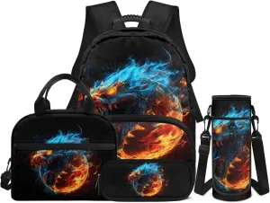 Basketball Flame Backpack for Boys 4 Pack Schoolbag Bookbag with Lunch Box and Pencil Bag Water Bottle Carrier Bag Set for Kids Teen Elementary Middle School
