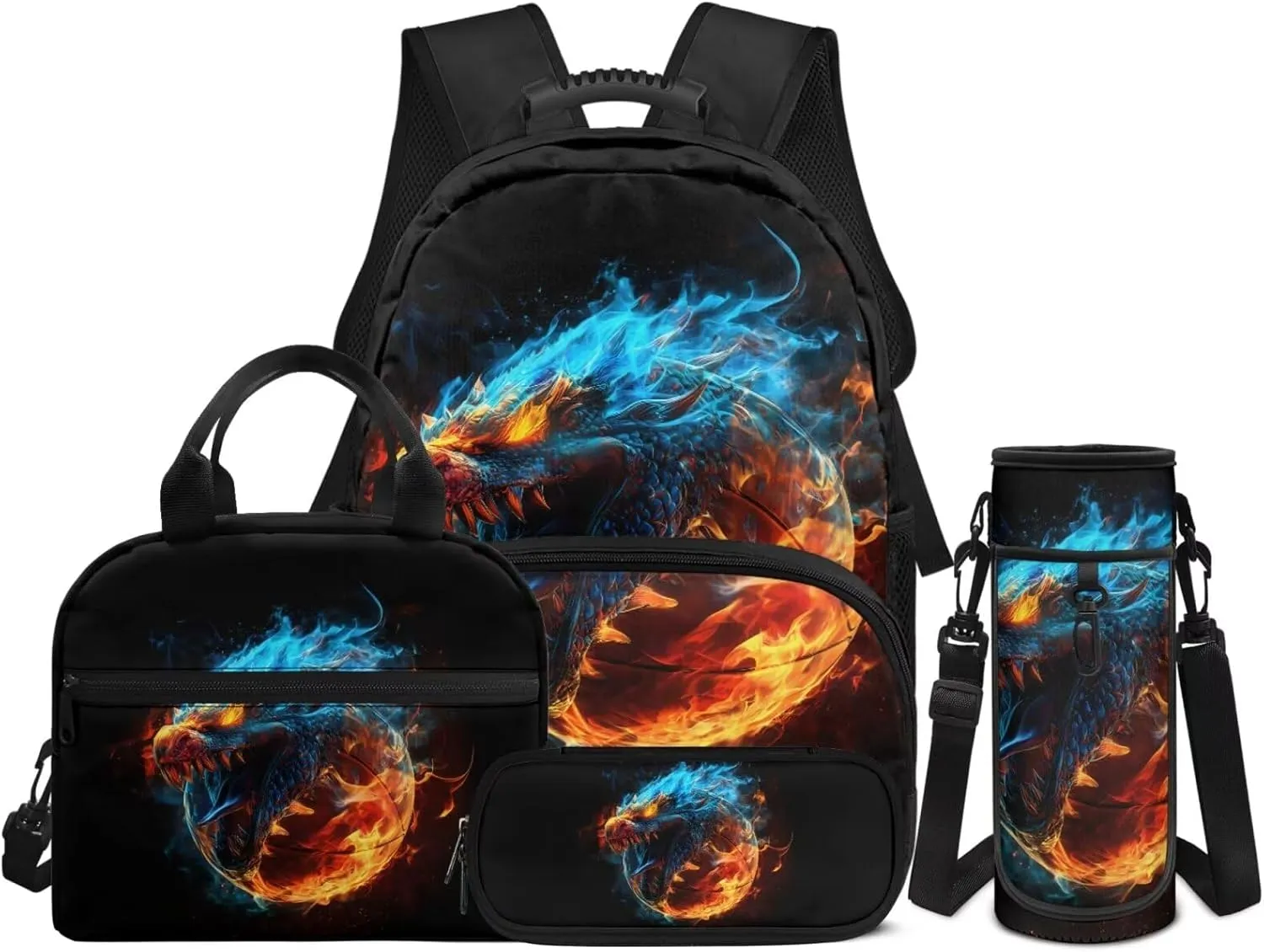 Basketball Flame Backpack for Boys 4 Pack Schoolbag Bookbag with Lunch Box and Pencil Bag Water Bottle Carrier Bag Set for Kids Teen Elementary Middle School