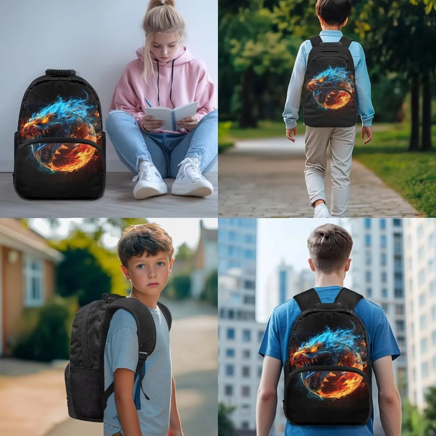 Basketball Flame Backpack for Boys 4 Pack Schoolbag Bookbag with Lunch Box and Pencil Bag Water Bottle Carrier Bag Set for Kids Teen Elementary Middle School