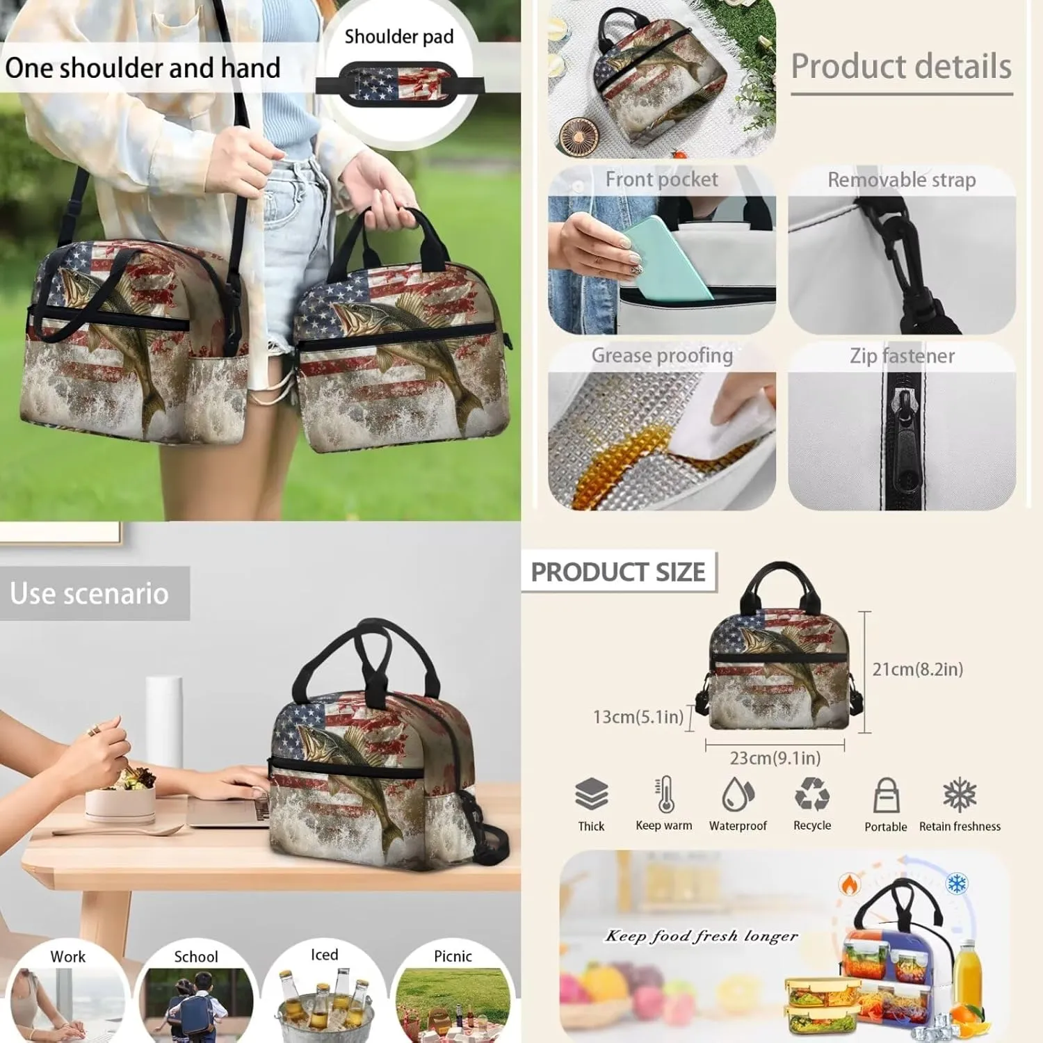 Bass Fishing Backpack 4 Pieces American Flag School Backpack with Lunch Bag Handbag Pencil Case Water Bottle Sling Bag Elementary Middle Rucksack Travel Bookbag