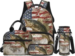 Bass Fishing Backpack 4 Pieces American Flag School Backpack with Lunch Bag Handbag Pencil Case Water Bottle Sling Bag Elementary Middle Rucksack Travel Bookbag