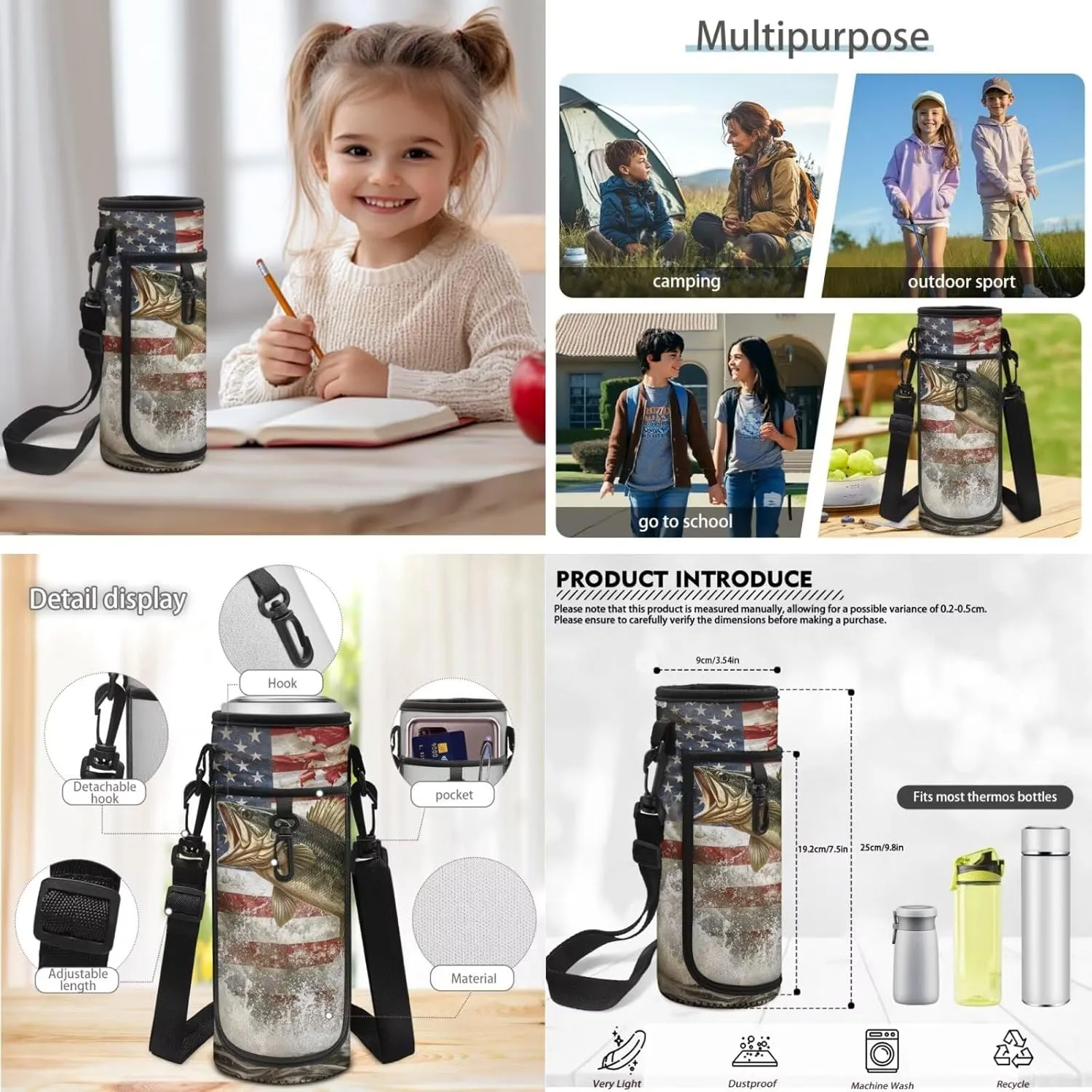 Bass Fishing Backpack 4 Pieces American Flag School Backpack with Lunch Bag Handbag Pencil Case Water Bottle Sling Bag Elementary Middle Rucksack Travel Bookbag