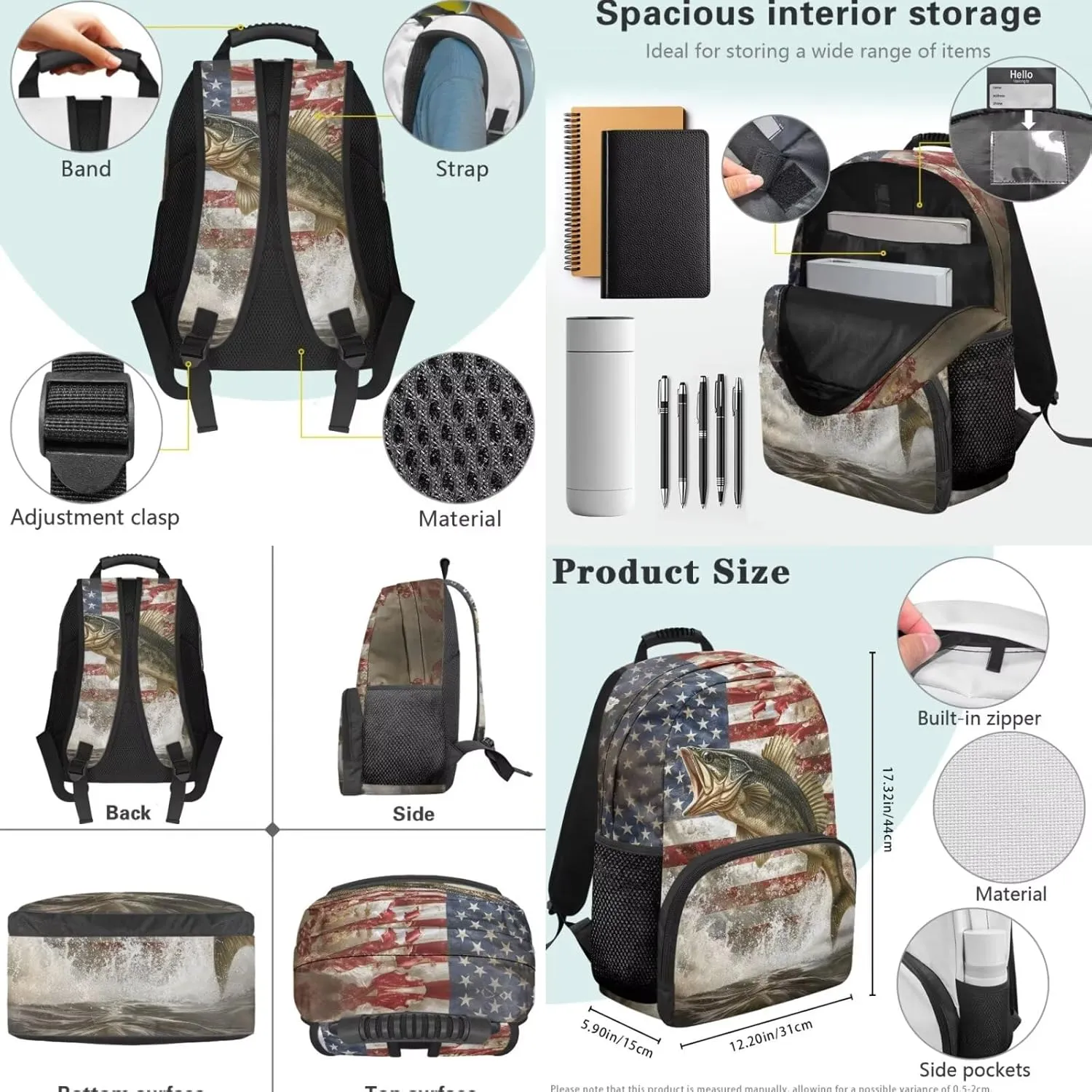 Bass Fishing Backpack 4 Pieces American Flag School Backpack with Lunch Bag Handbag Pencil Case Water Bottle Sling Bag Elementary Middle Rucksack Travel Bookbag