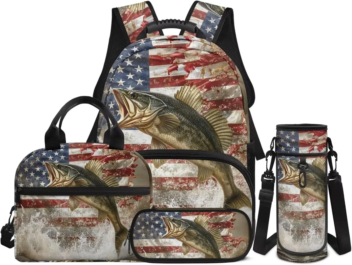 Bass Fishing Backpack 4 Pieces American Flag School Backpack with Lunch Bag Handbag Pencil Case Water Bottle Sling Bag Elementary Middle Rucksack Travel Bookbag