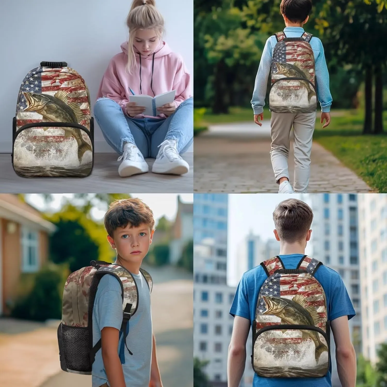Bass Fishing Backpack 4 Pieces American Flag School Backpack with Lunch Bag Handbag Pencil Case Water Bottle Sling Bag Elementary Middle Rucksack Travel Bookbag