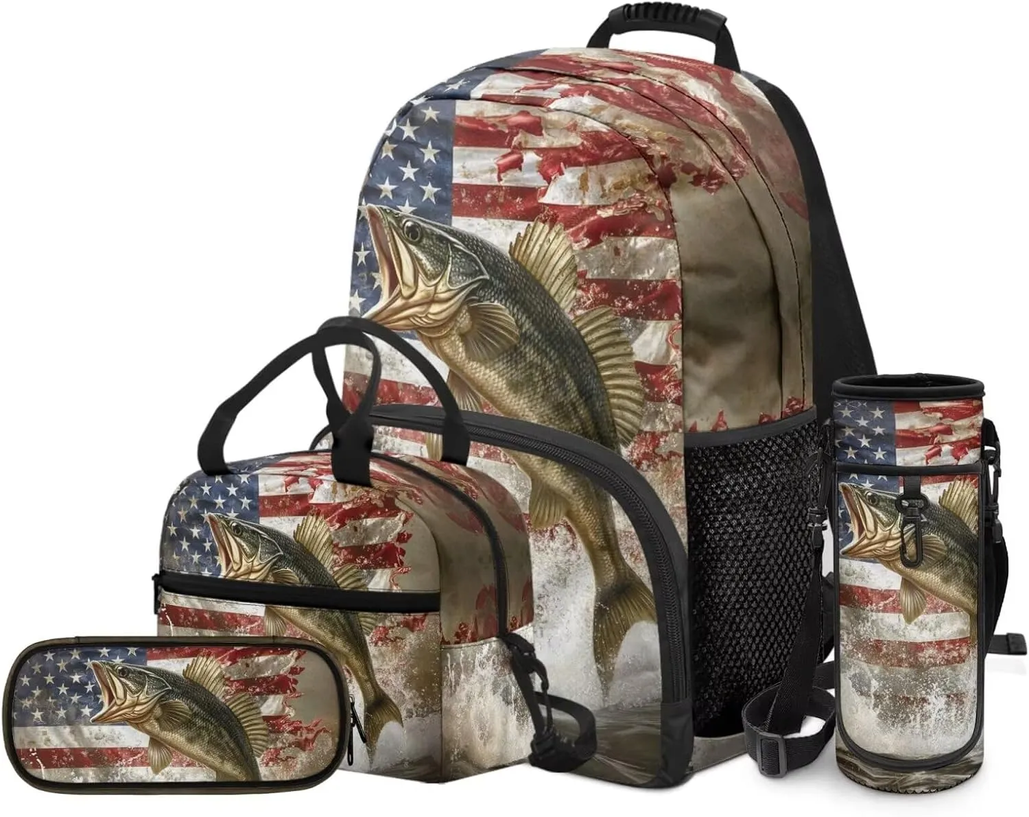 Bass Fishing Backpack 4 Pieces American Flag School Backpack with Lunch Bag Handbag Pencil Case Water Bottle Sling Bag Elementary Middle Rucksack Travel Bookbag