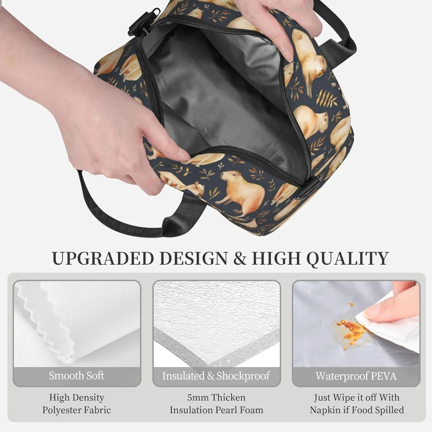 bassyil Capybaras Lunch Box Reusable Insulated Totes Lunch Bag Thermal Cooler Adjustable Shoulder Strap Bag for Men Women