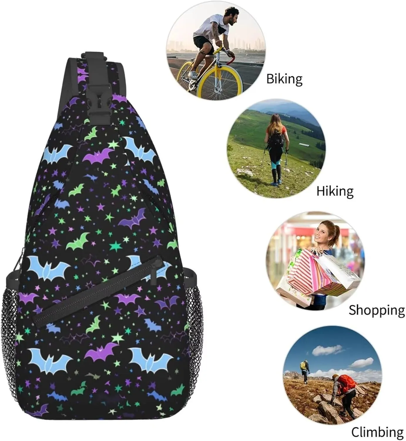 Bats Print Sling Bag for Women Men Halloween Small Crossbody Backpack for Travel Hiking Outdoor Sports Mini Shoulder Bag Anti Thief Chest Bag Daypack，Purple Blue Stars
