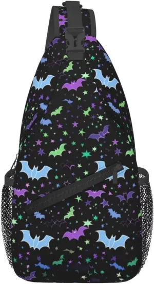 Bats Print Sling Bag for Women Men Halloween Small Crossbody Backpack for Travel Hiking Outdoor Sports Mini Shoulder Bag Anti Thief Chest Bag Daypack，Purple Blue Stars