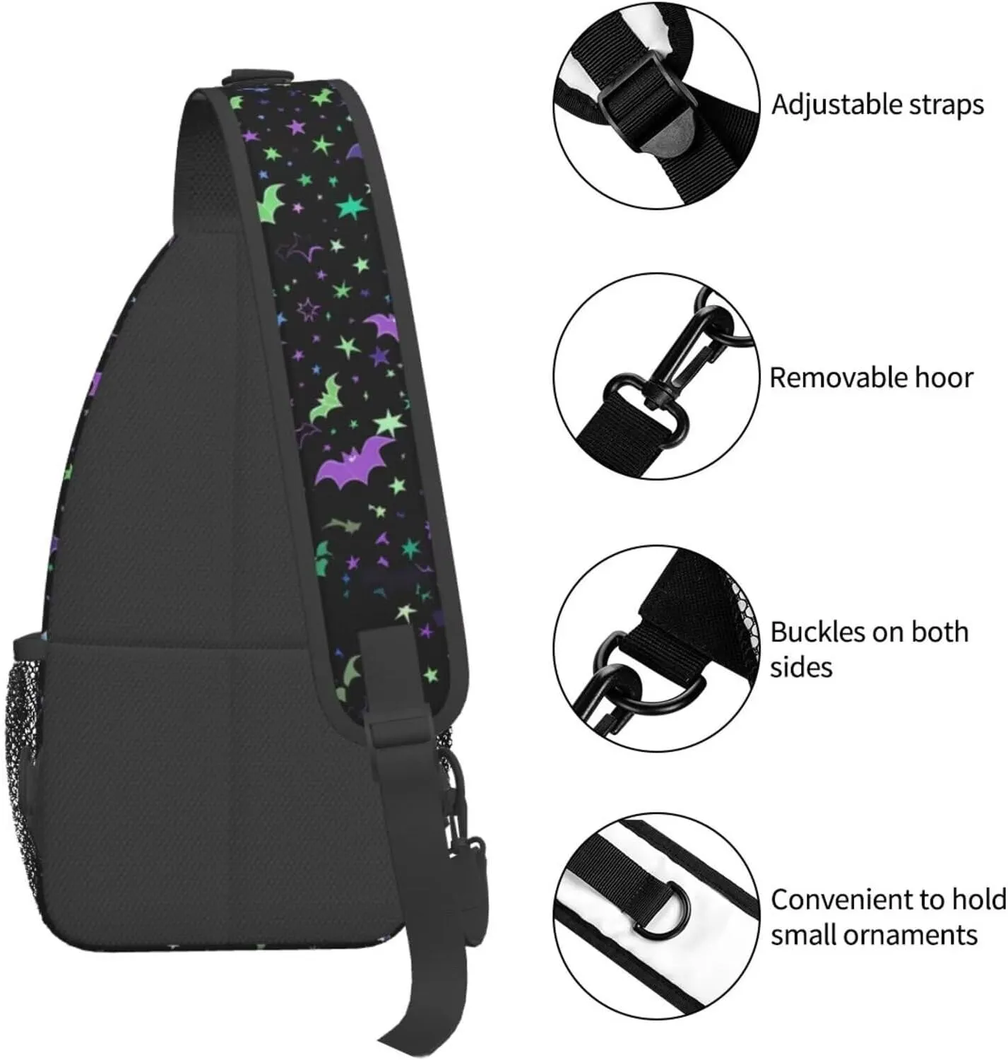 Bats Print Sling Bag for Women Men Halloween Small Crossbody Backpack for Travel Hiking Outdoor Sports Mini Shoulder Bag Anti Thief Chest Bag Daypack，Purple Blue Stars