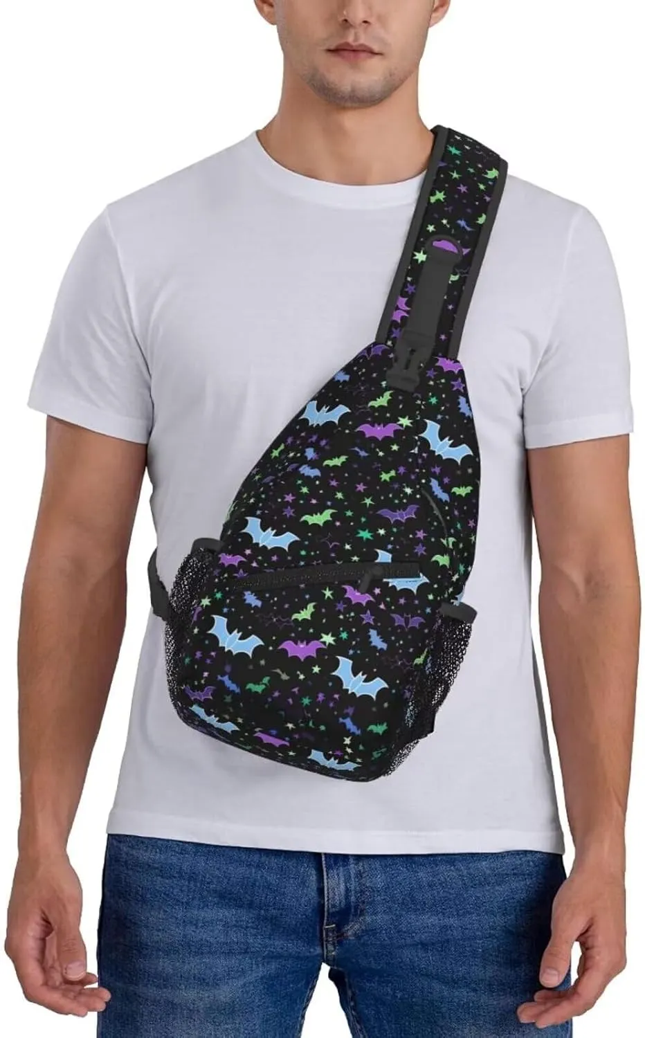 Bats Print Sling Bag for Women Men Halloween Small Crossbody Backpack for Travel Hiking Outdoor Sports Mini Shoulder Bag Anti Thief Chest Bag Daypack，Purple Blue Stars