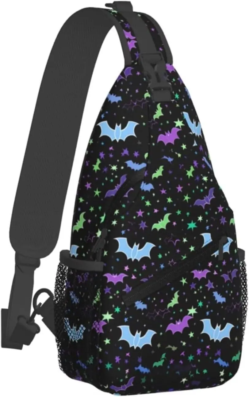 Bats Print Sling Bag for Women Men Halloween Small Crossbody Backpack for Travel Hiking Outdoor Sports Mini Shoulder Bag Anti Thief Chest Bag Daypack，Purple Blue Stars