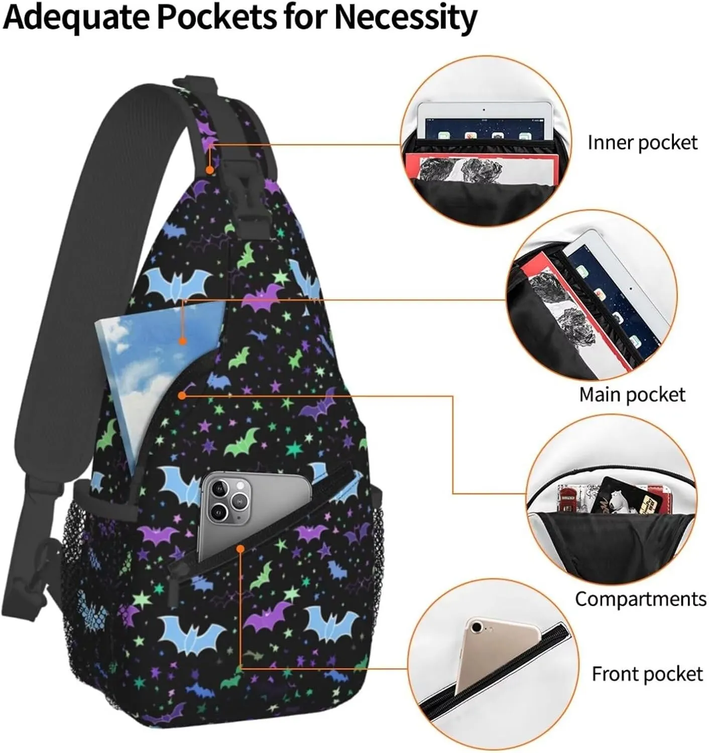Bats Print Sling Bag for Women Men Halloween Small Crossbody Backpack for Travel Hiking Outdoor Sports Mini Shoulder Bag Anti Thief Chest Bag Daypack，Purple Blue Stars