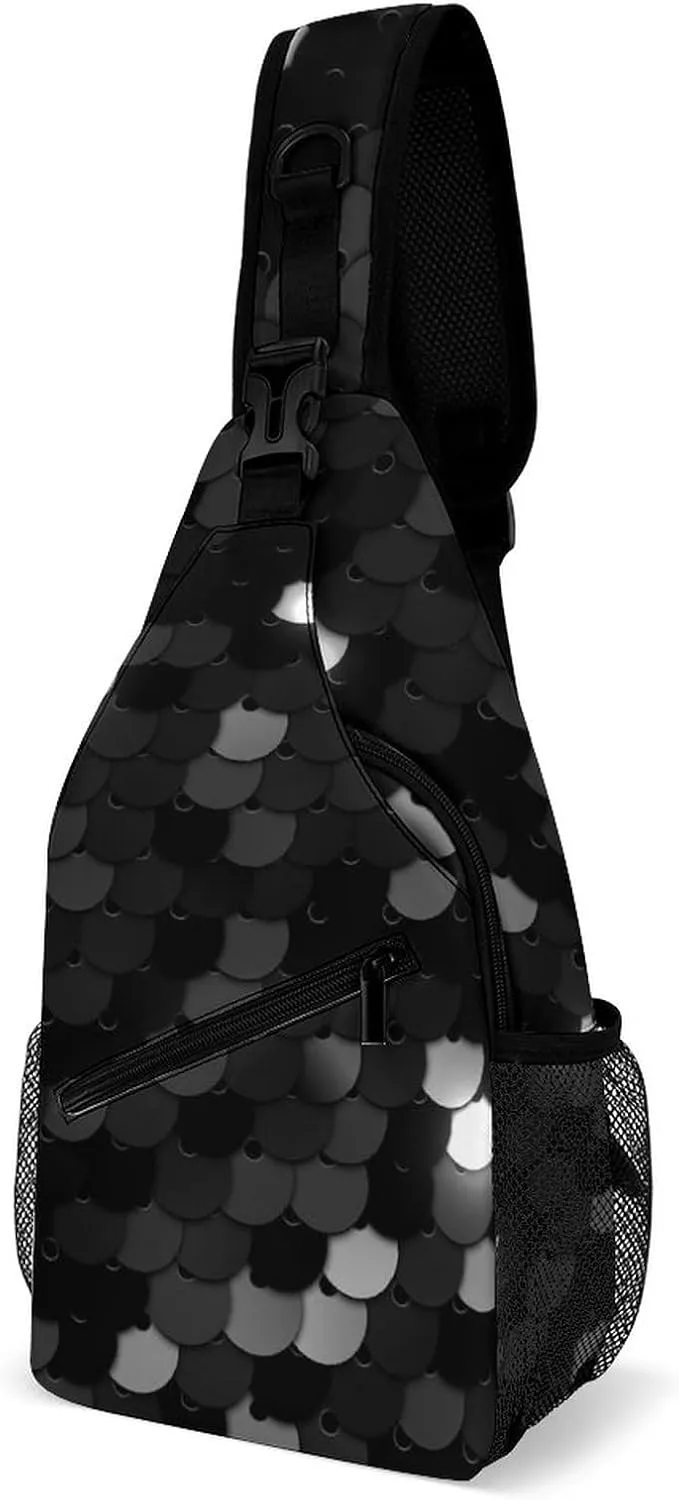 Black Texture Sequins Sling Bag for Women Men Glitter Abstract 3D Crossbody Shoulder Bag with Anti Theft,Multipurpose Chest Bag for Travel,Hiking,Cycling,Camping