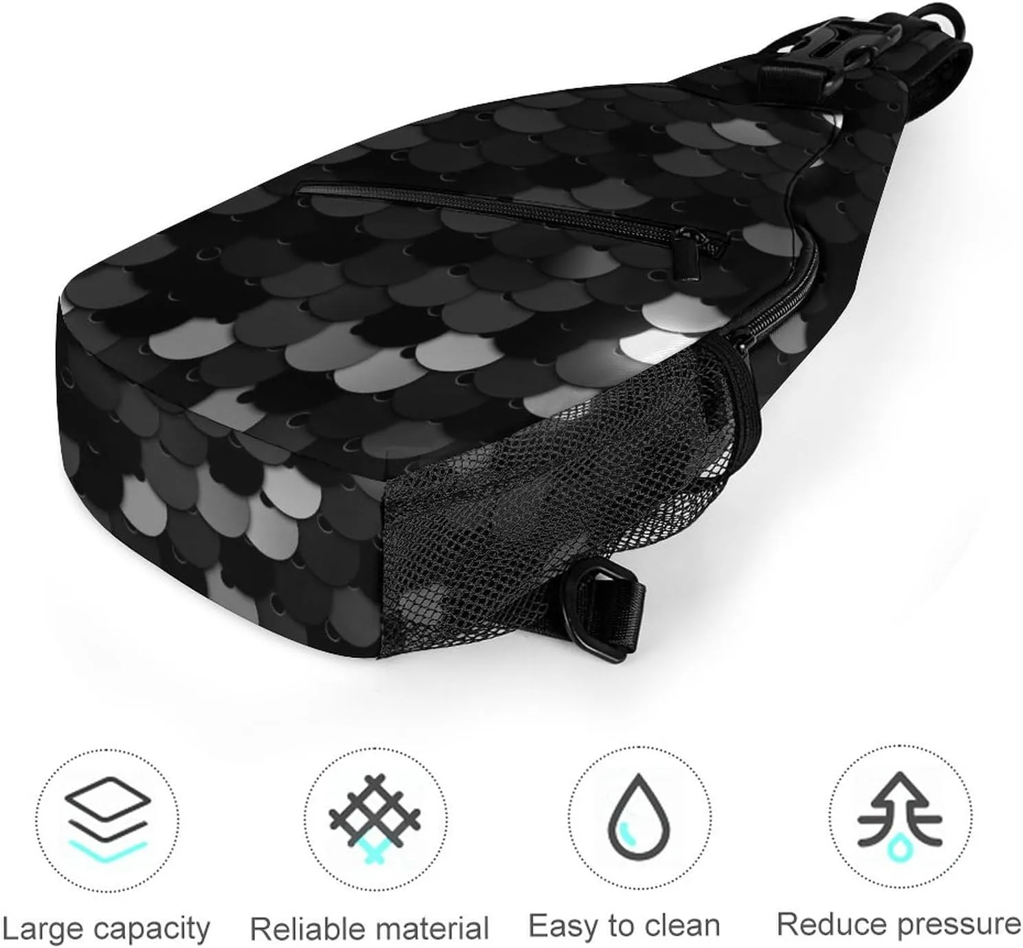 Black Texture Sequins Sling Bag for Women Men Glitter Abstract 3D Crossbody Shoulder Bag with Anti Theft,Multipurpose Chest Bag for Travel,Hiking,Cycling,Camping