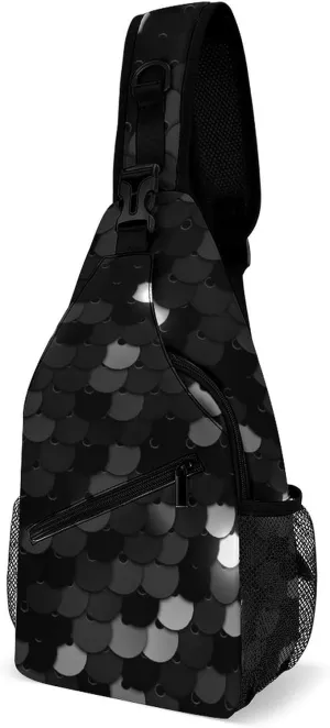 Black Texture Sequins Sling Bag for Women Men Glitter Abstract 3D Crossbody Shoulder Bag with Anti Theft,Multipurpose Chest Bag for Travel,Hiking,Cycling,Camping