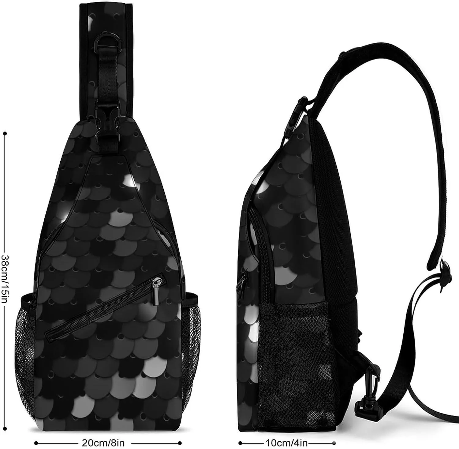 Black Texture Sequins Sling Bag for Women Men Glitter Abstract 3D Crossbody Shoulder Bag with Anti Theft,Multipurpose Chest Bag for Travel,Hiking,Cycling,Camping