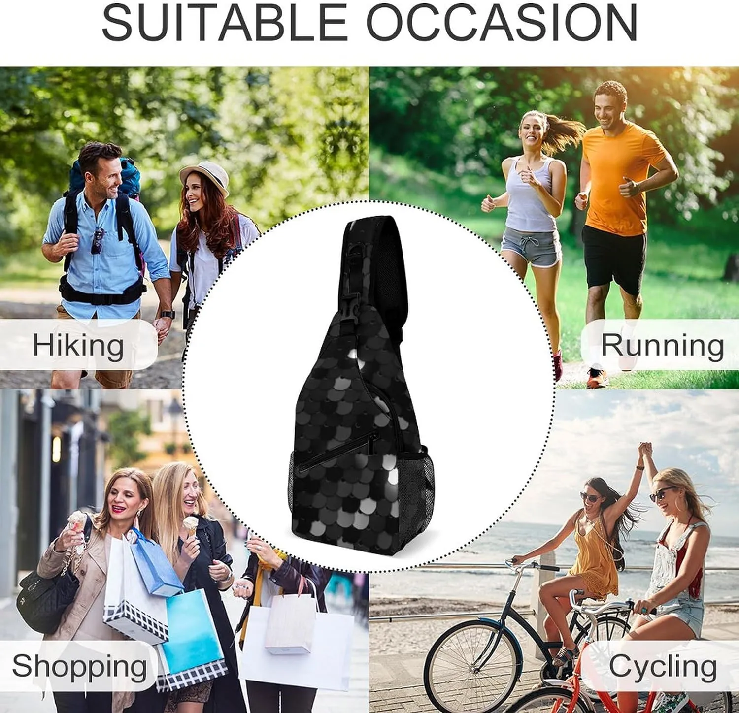 Black Texture Sequins Sling Bag for Women Men Glitter Abstract 3D Crossbody Shoulder Bag with Anti Theft,Multipurpose Chest Bag for Travel,Hiking,Cycling,Camping