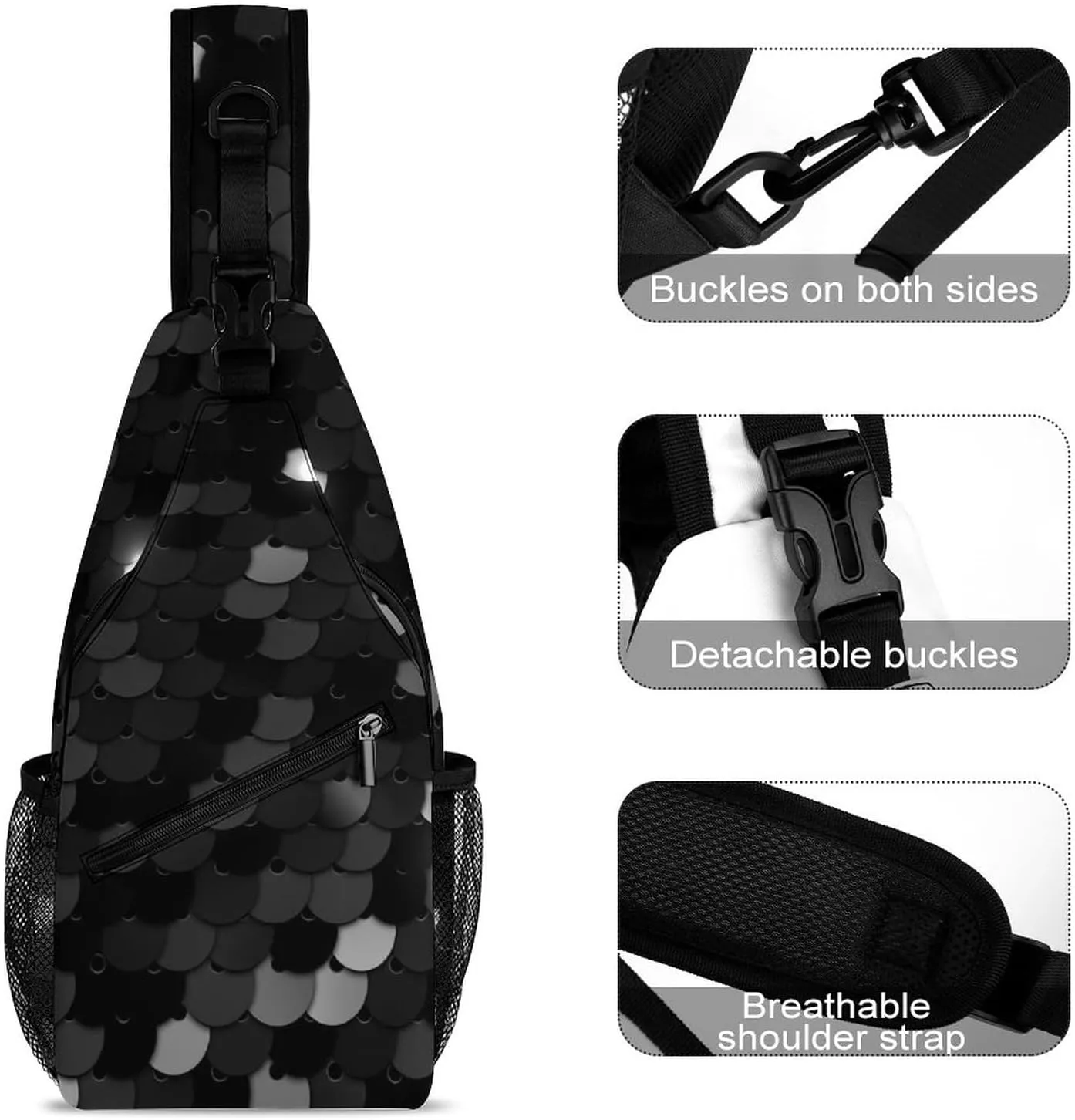 Black Texture Sequins Sling Bag for Women Men Glitter Abstract 3D Crossbody Shoulder Bag with Anti Theft,Multipurpose Chest Bag for Travel,Hiking,Cycling,Camping