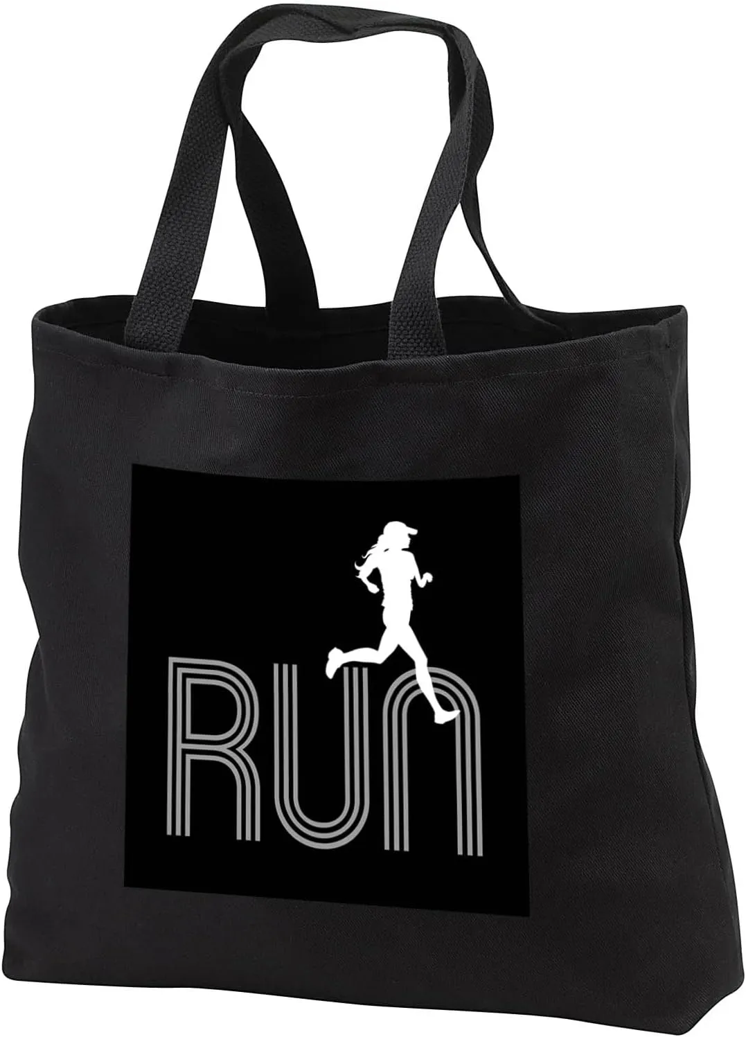 Black Tote Bag 14w x 14h x 3d - Woman sportsman jogger runs over a word RUN. White, grey on black Alexis Design - Sport Athletics