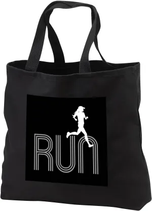 Black Tote Bag 14w x 14h x 3d - Woman sportsman jogger runs over a word RUN. White, grey on black Alexis Design - Sport Athletics