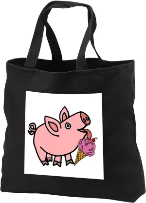 Black Tote Bag JUMBO 20w x 15h x 5d - Funny Cool Pink Pig eating ice Cream Cone Cartoon Animals