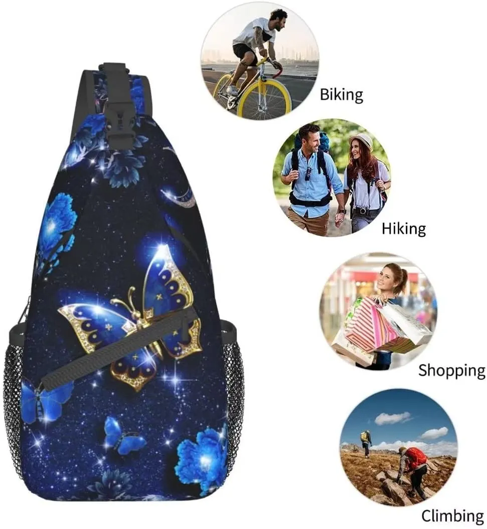 Blue Butterfly Sling Bag Crossbody Backpack for Men Women Beautiful Night Landscape with Starry Sky Butterflies Flowers and Moon Chest Bag Casual Shoulder Backpack Travel Hiking Daypack