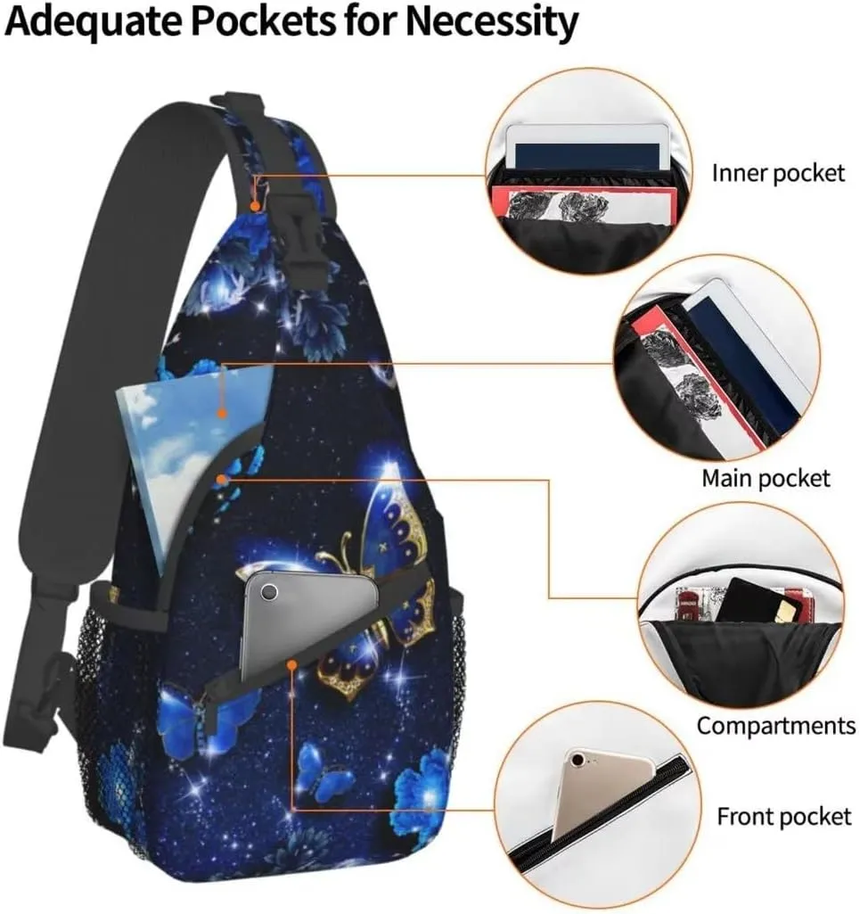 Blue Butterfly Sling Bag Crossbody Backpack for Men Women Beautiful Night Landscape with Starry Sky Butterflies Flowers and Moon Chest Bag Casual Shoulder Backpack Travel Hiking Daypack