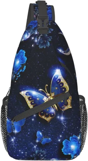 Blue Butterfly Sling Bag Crossbody Backpack for Men Women Beautiful Night Landscape with Starry Sky Butterflies Flowers and Moon Chest Bag Casual Shoulder Backpack Travel Hiking Daypack