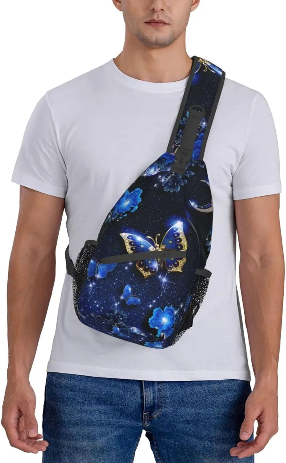 Blue Butterfly Sling Bag Crossbody Backpack for Men Women Beautiful Night Landscape with Starry Sky Butterflies Flowers and Moon Chest Bag Casual Shoulder Backpack Travel Hiking Daypack