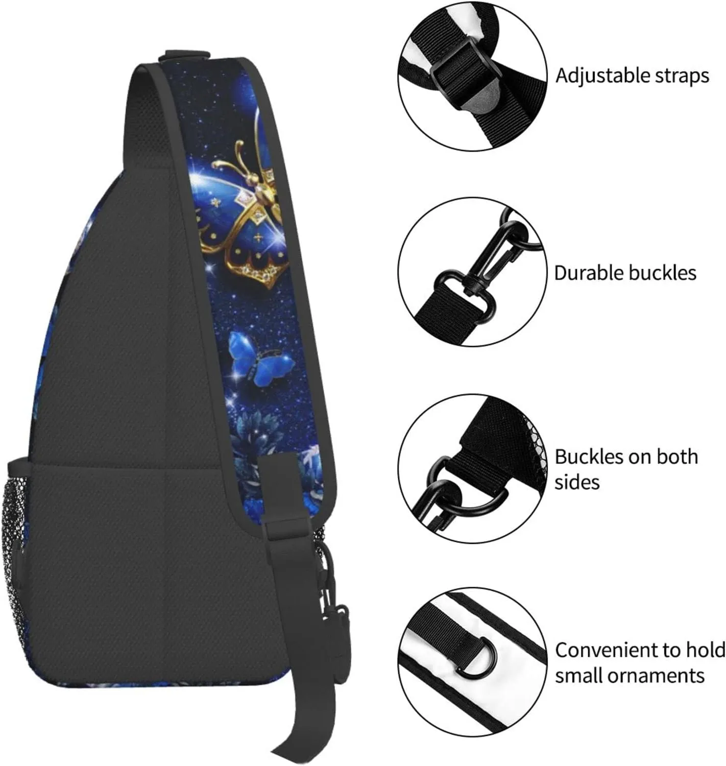 Blue Butterfly Sling Bag Crossbody Backpack for Men Women Beautiful Night Landscape with Starry Sky Butterflies Flowers and Moon Chest Bag Casual Shoulder Backpack Travel Hiking Daypack