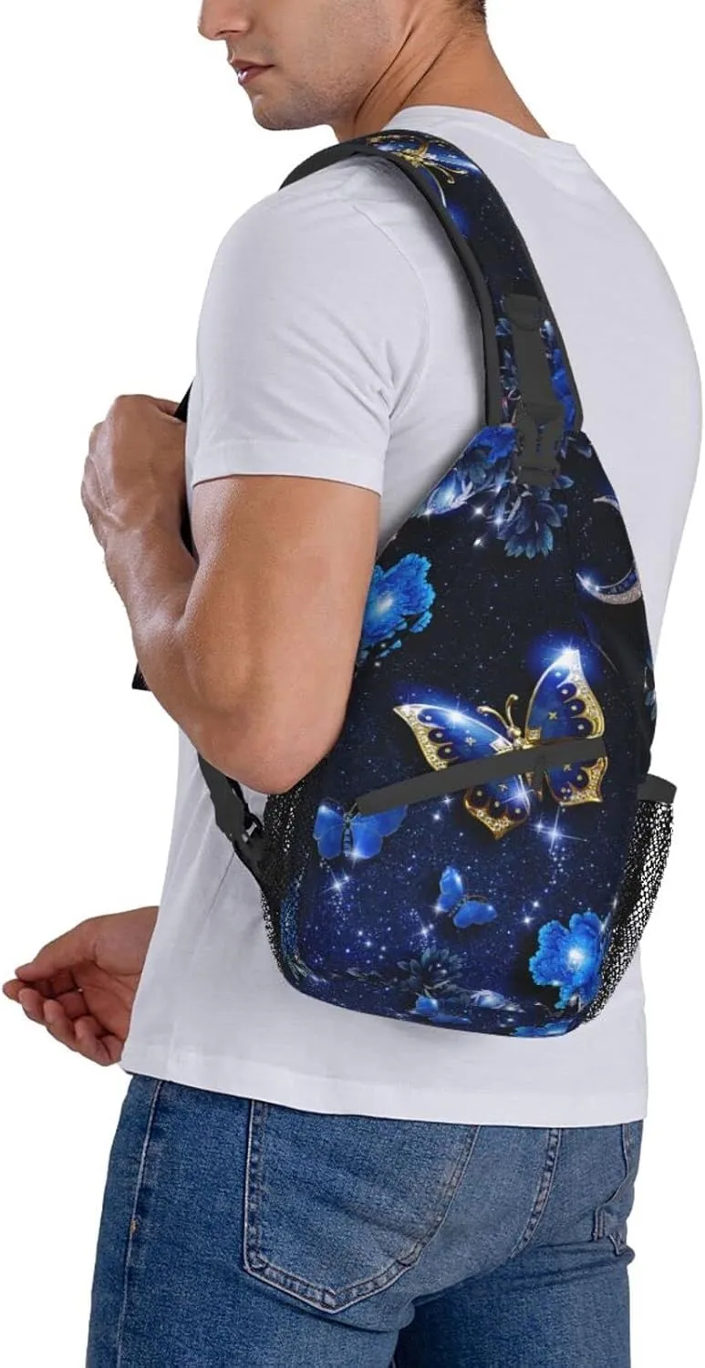 Blue Butterfly Sling Bag Crossbody Backpack for Men Women Beautiful Night Landscape with Starry Sky Butterflies Flowers and Moon Chest Bag Casual Shoulder Backpack Travel Hiking Daypack