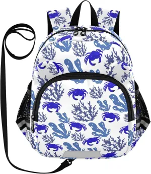 Blue Crabs Preschool Backpack Seaweeds Corals Daycare Bookbag School Backpack with Traction Rope for Kids 3-6
