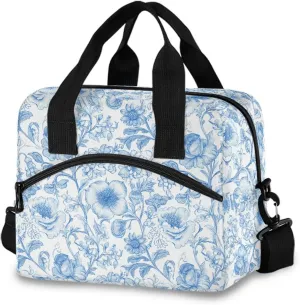 Blue Flower Lunch Cooler Bag Crossbody or Handheld Design with 10L Capacity, Full Print Insulated Interior Great for Daily Meals & Outings