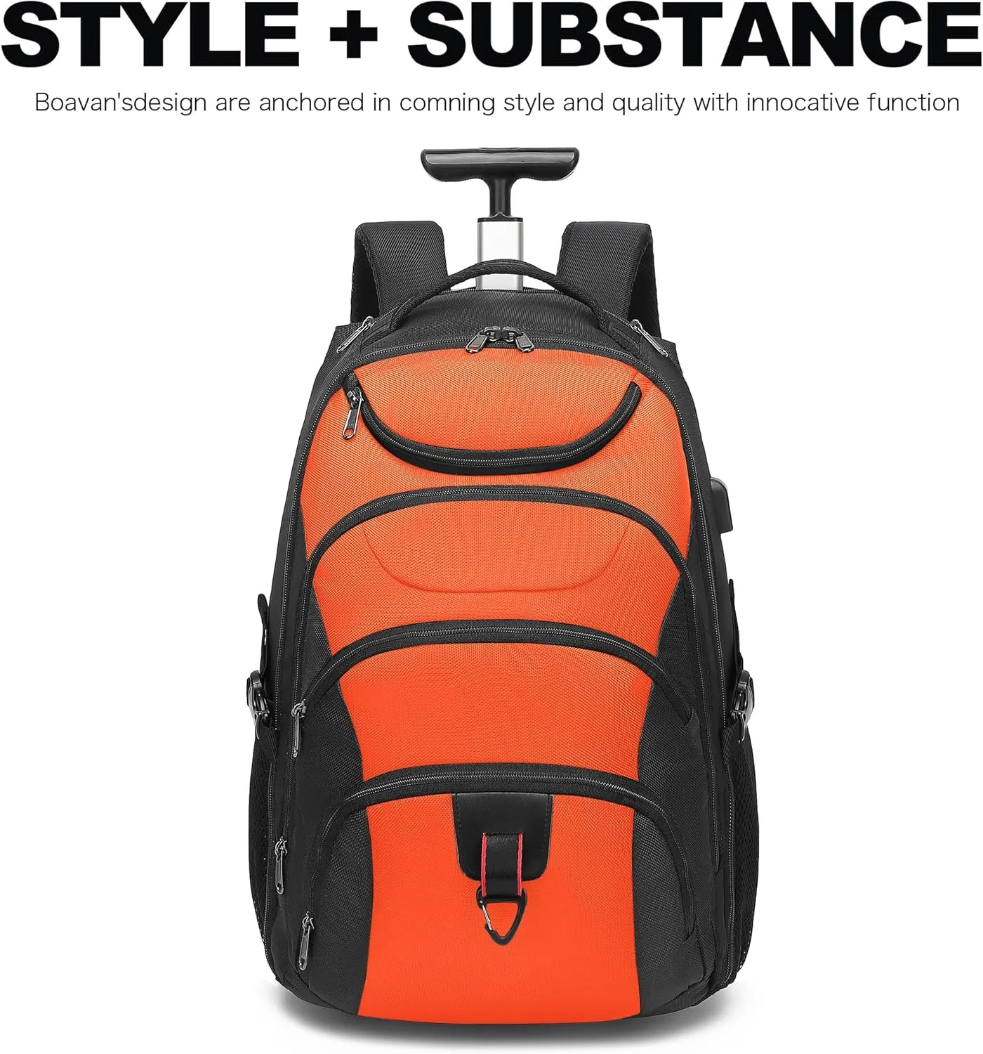Boavan Rolling Backpack,17 inch Water Resistant Wheeled Backpack,Carry on Luggage Business Bag, Overnight College Computer Backpack Trolley Suitcase for Men Women Adults to Travel，Black&Orange