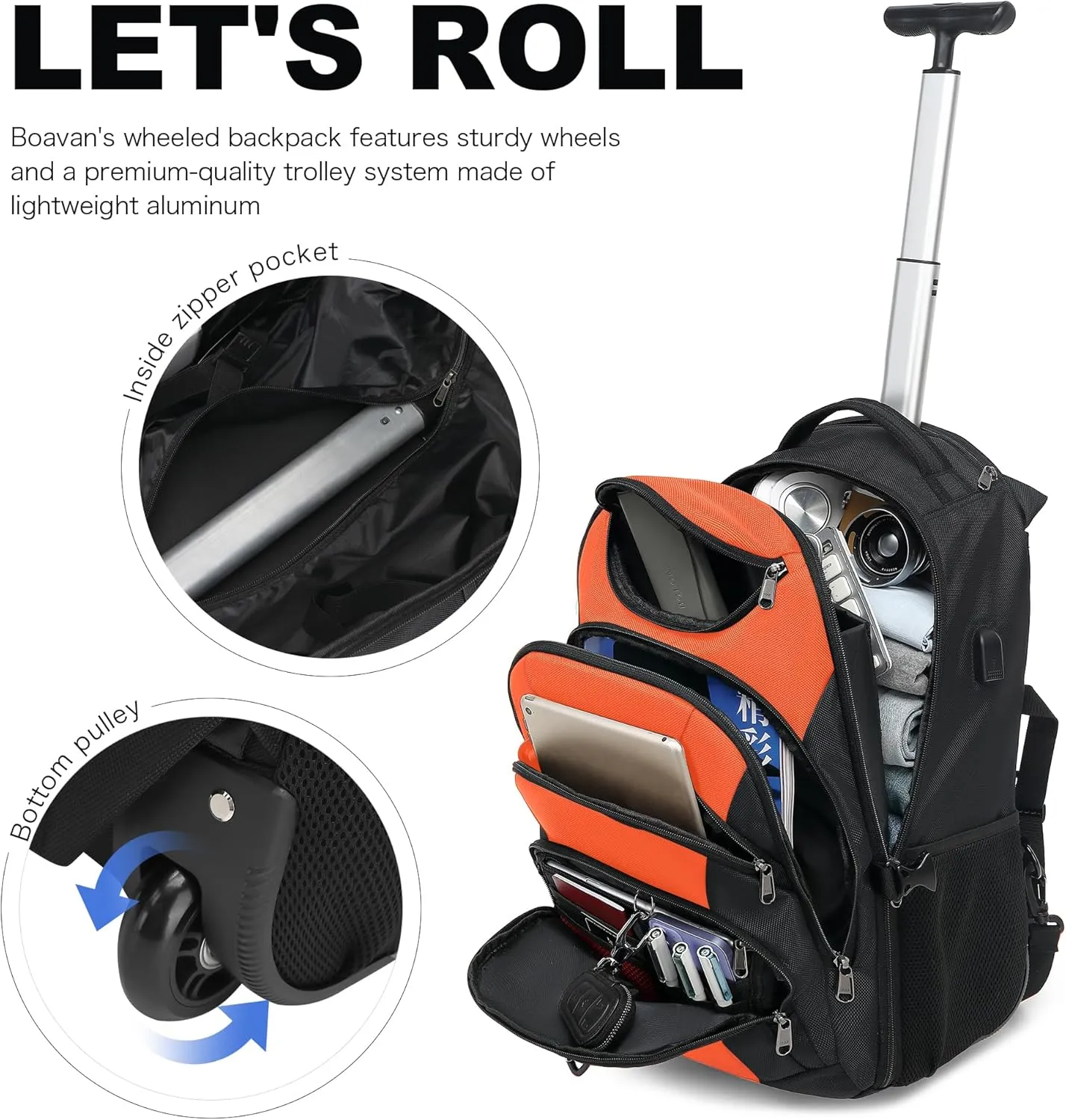 Boavan Rolling Backpack,17 inch Water Resistant Wheeled Backpack,Carry on Luggage Business Bag, Overnight College Computer Backpack Trolley Suitcase for Men Women Adults to Travel，Black&Orange