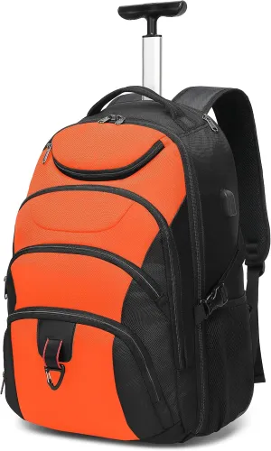 Boavan Rolling Backpack,17 inch Water Resistant Wheeled Backpack,Carry on Luggage Business Bag, Overnight College Computer Backpack Trolley Suitcase for Men Women Adults to Travel，Black&Orange